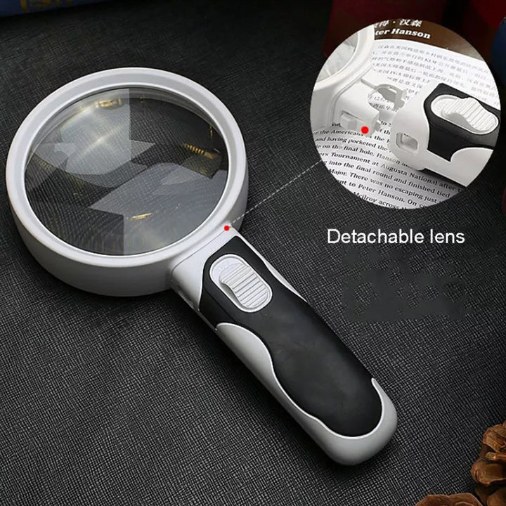Bright LED light 20X magnifying glass, illuminating fine print for clear vision & detail.