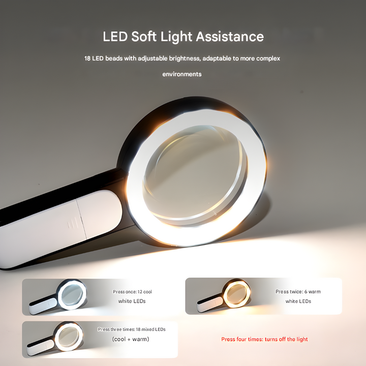 Ergonomic 20x optical magnifying glass for clear, magnified viewing of fine print, maps, and small objects.