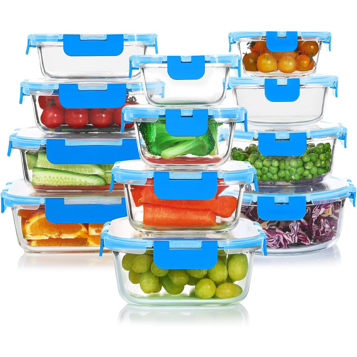 Multi-size 24-piece airtight glass food storage containers for meal planning