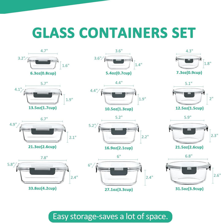 Premium 24-piece glass food containers with secure airtight lids
