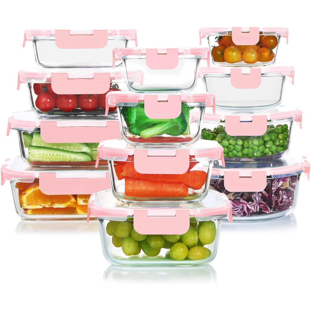 Stackable 24-piece glass food storage system for efficient kitchen organization