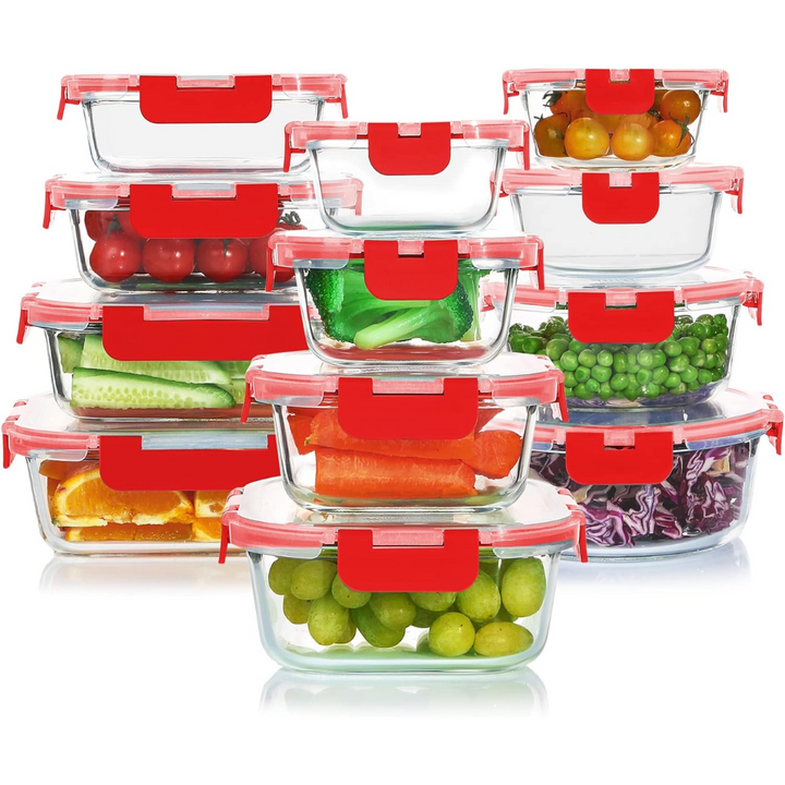 Complete 24-piece glass food container set: airtight, oven, microwave & freezer safe