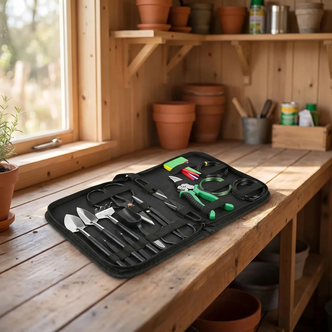 24-piece bonsai tool kit with sturdy carrying case for comprehensive miniature tree cultivation & plant care.