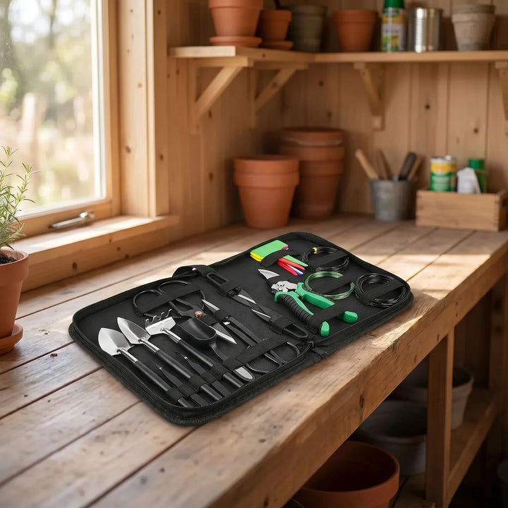 24-piece bonsai tool kit with sturdy carrying case for comprehensive miniature tree cultivation & plant care.
