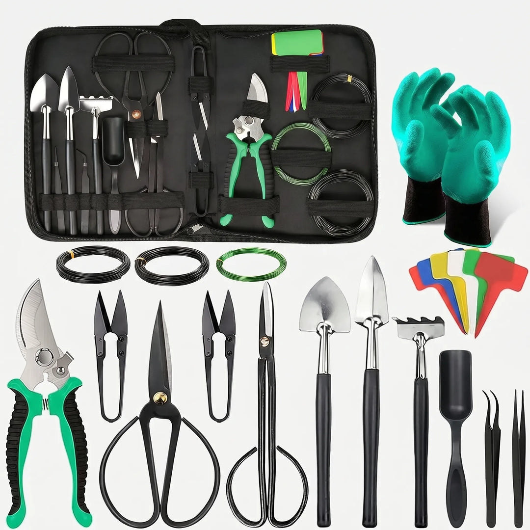 Unisex bonsai tool set featuring pruning shears, training wire, and essential tools for expert miniature tree styling.