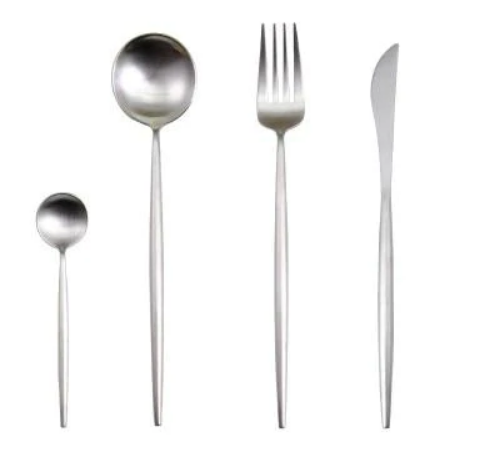 Full 24-piece luxury dining set, elegant stainless steel design.