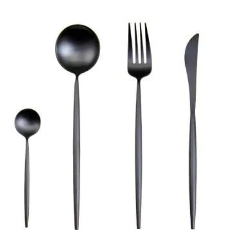 Premium 24-piece black stainless steel dinner set.