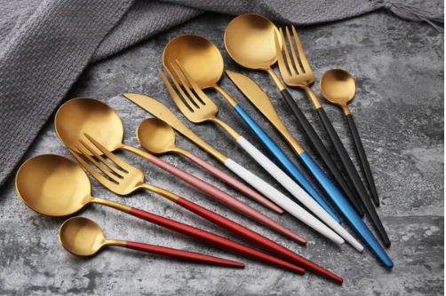 Black stainless steel flatware set, 24-piece for chic home decor.