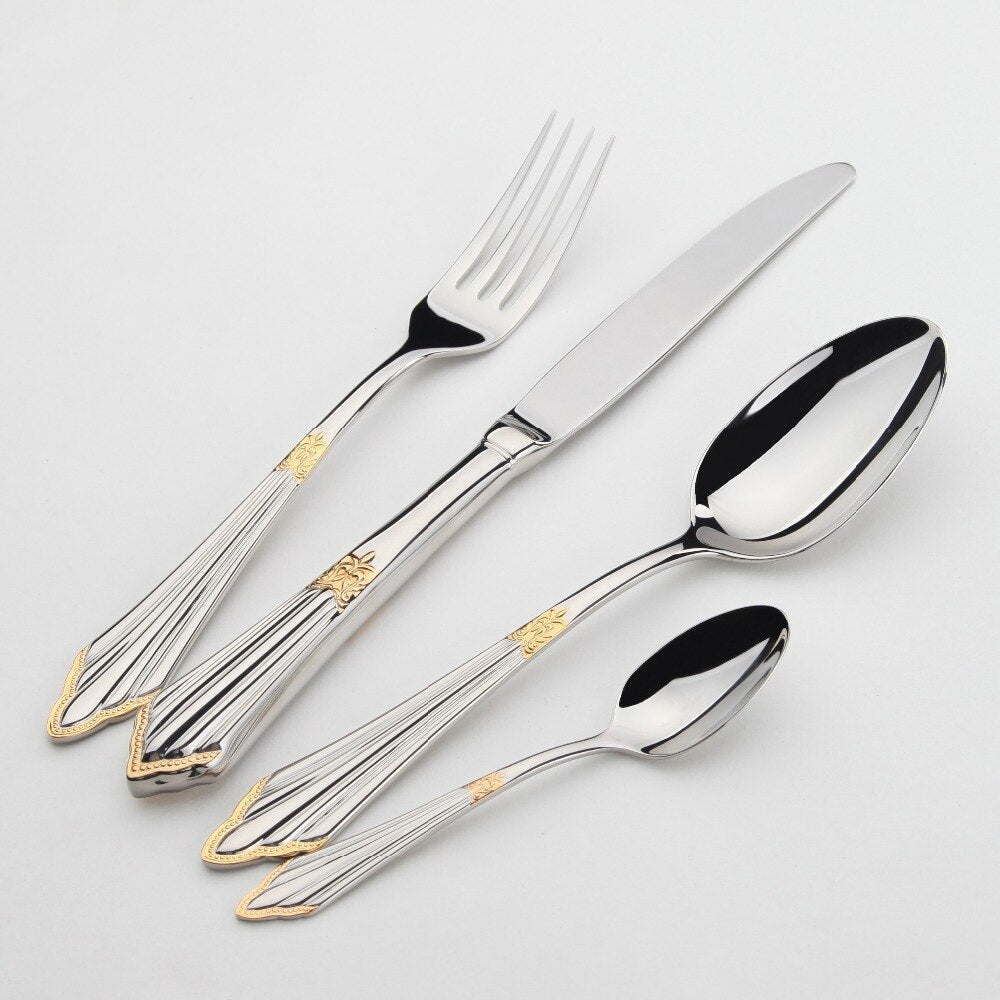 24-piece stainless steel gold cutlery set, luxury flatware for elegant dinnerware and kitchen dining.