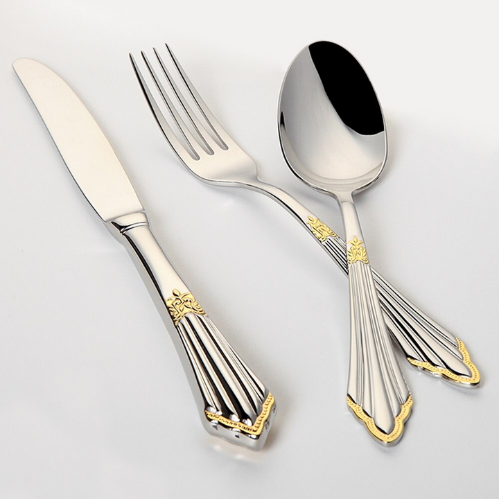 Elegant 48-piece gold flatware set crafted from stainless steel, perfect luxury tableware for entertaining.
