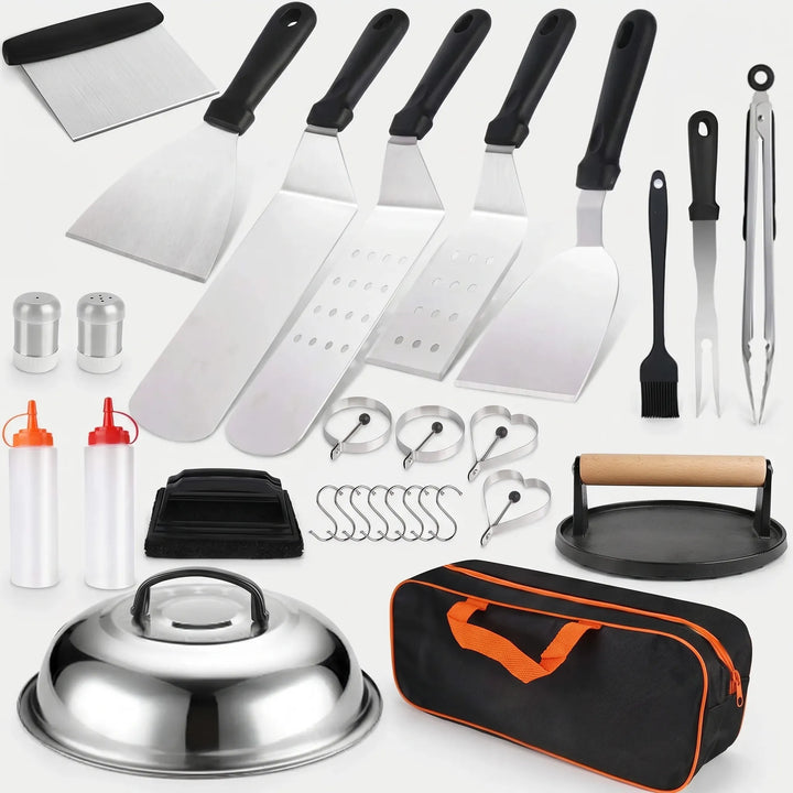 Portable 29-piece stainless steel BBQ utensil set, ideal for outdoor grilling and cooking adventures.