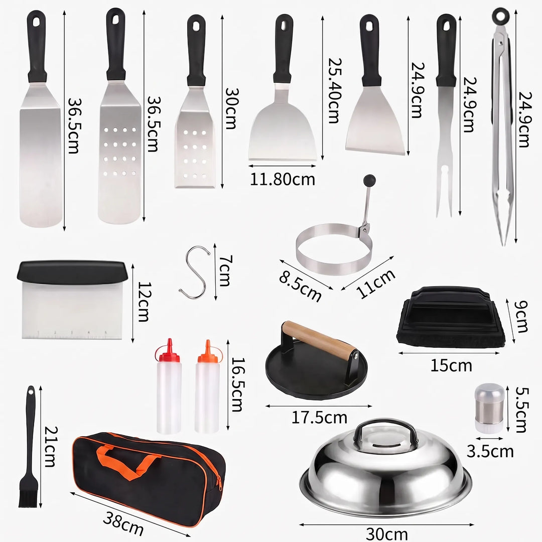 Complete 29-piece stainless steel grilling accessories kit, essential bbq tools for outdoor chef.