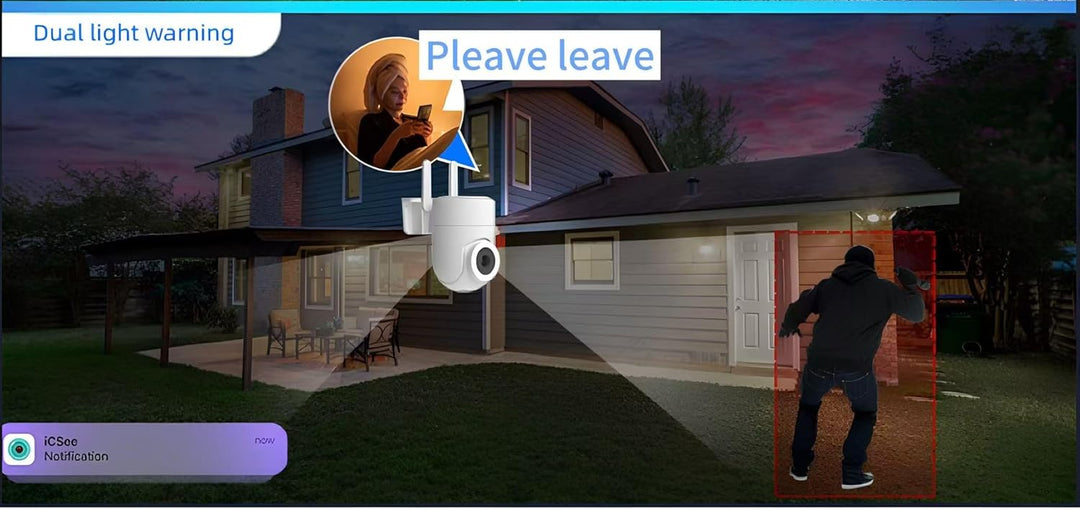 Smart home security camera, 2K resolution, 355° pan & IR night vision for indoor/outdoor use.