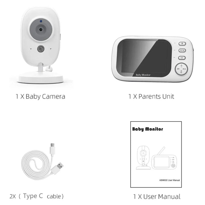 Parent holding 3.5-inch video baby monitor, checking on baby with night vision active.