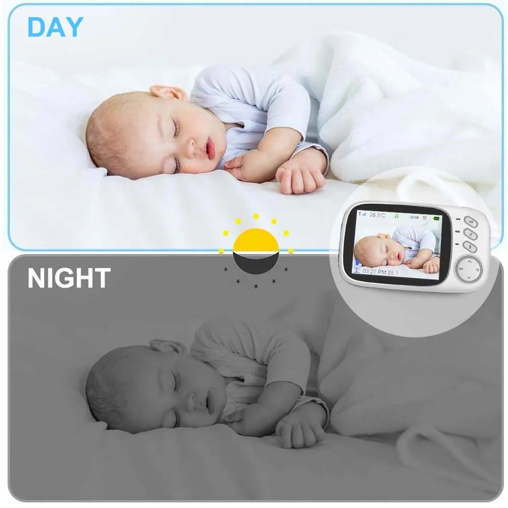 Baby monitor camera unit with night vision LEDs, positioned in a baby's nursery.