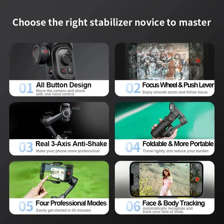 Close-up of Alvion smartphone gimbal with AI tracking; essential gear for modern video creators
