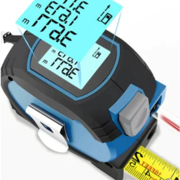 3-in-1 digital laser tape measure with LCD for precise distance, area, and volume measurements in DIY & construction.