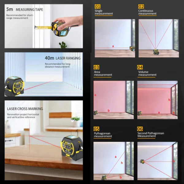 Compact 3-in-1 measuring tool: digital laser distance meter, tape measure, and cross-line laser for DIY & pros.
