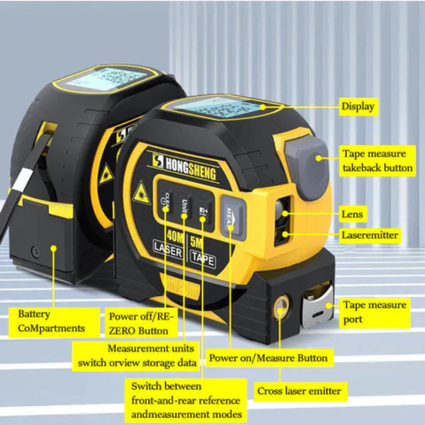 Digital laser tape measure for quick, precise measurements in construction, remodeling, and professional DIY projects.