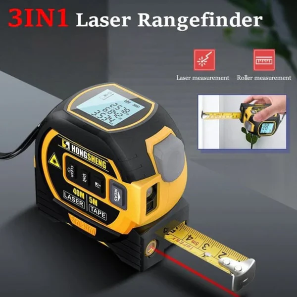 High-tech 3-in-1 digital measuring tool with infrared laser and LCD display for home improvement & professional use.