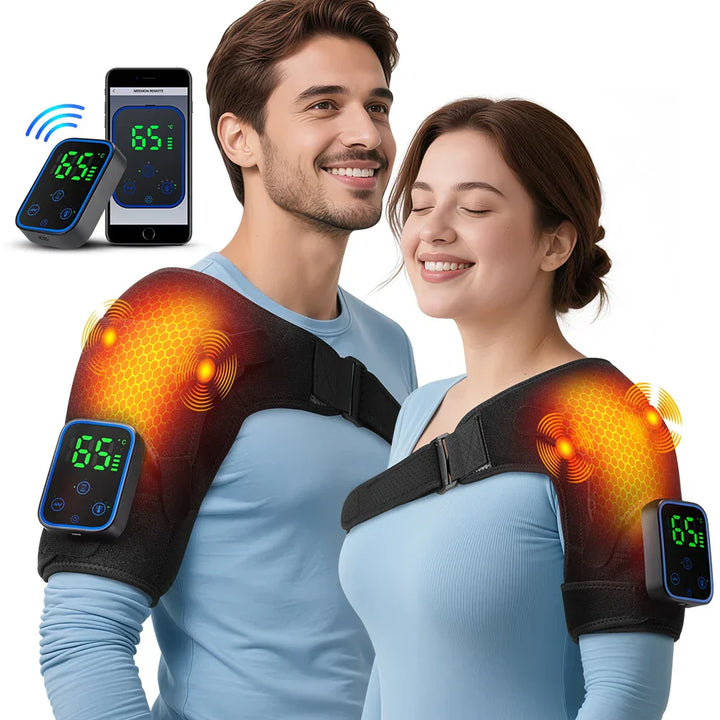 3-in-1 electric massager for shoulder, elbow, & knee with heating & app control, shown in use for knee pain relief