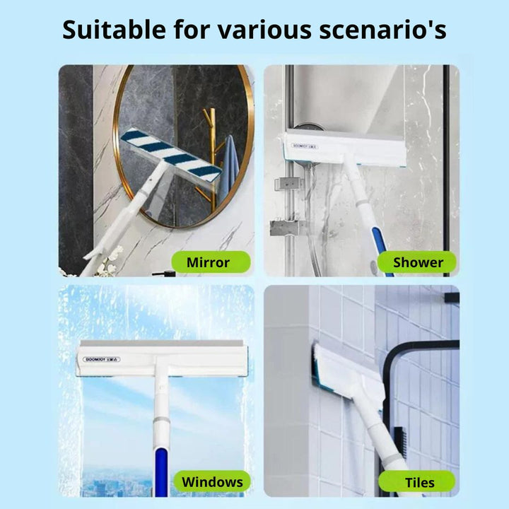 Efficient home cleaning with 3-in-1 window tool: integrated spray bottle and microfiber scrubber for glass.