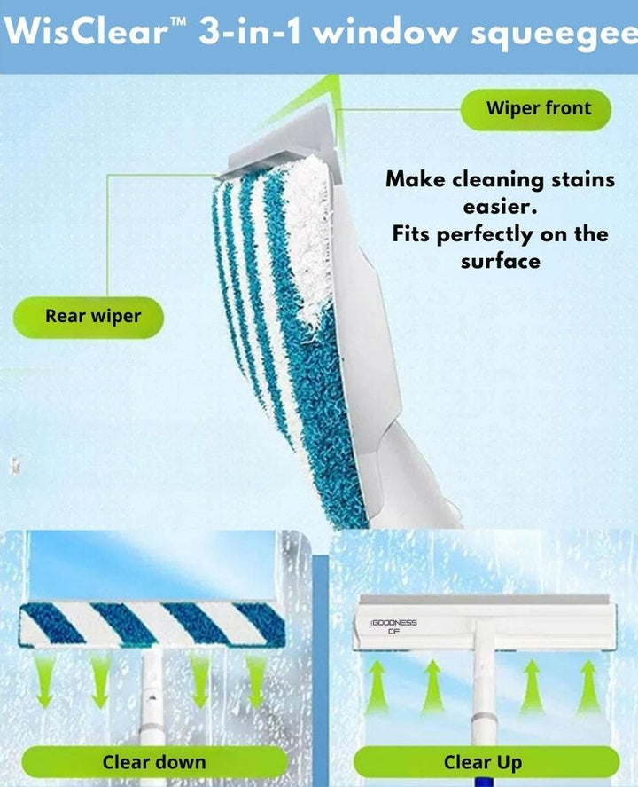 Durable squeegee window cleaner, part of a 3-in-1 professional tool for streak-free glass cleaning.
