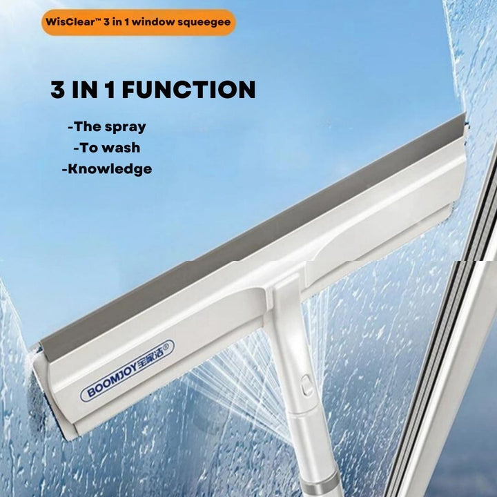 Complete household window cleaning solution: 3-in-1 tool with spray, microfiber, and squeegee for glass.
