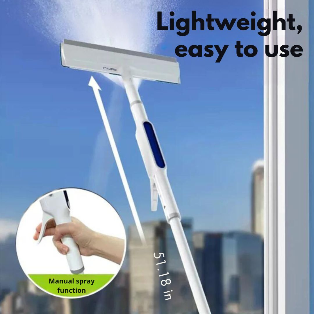 3-in-1 window cleaner featuring a squeegee, spray bottle, and microfiber pad for quick, streak-free glass.