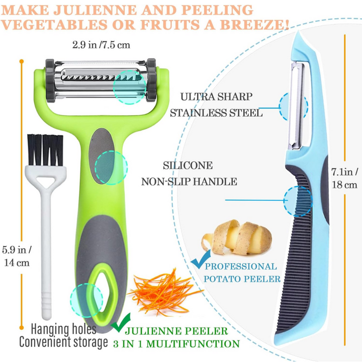 Stainless steel 3-in-1 kitchen tool, vegetable peeler & julienne slicer.