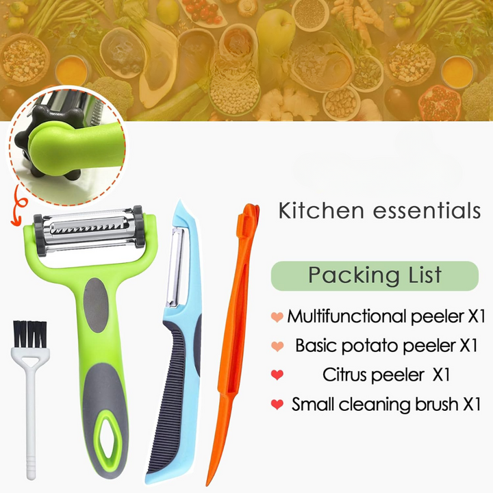 Efficient 3-in-1 kitchen gadget, perfect for peeling vegetables & creating julienne strips.