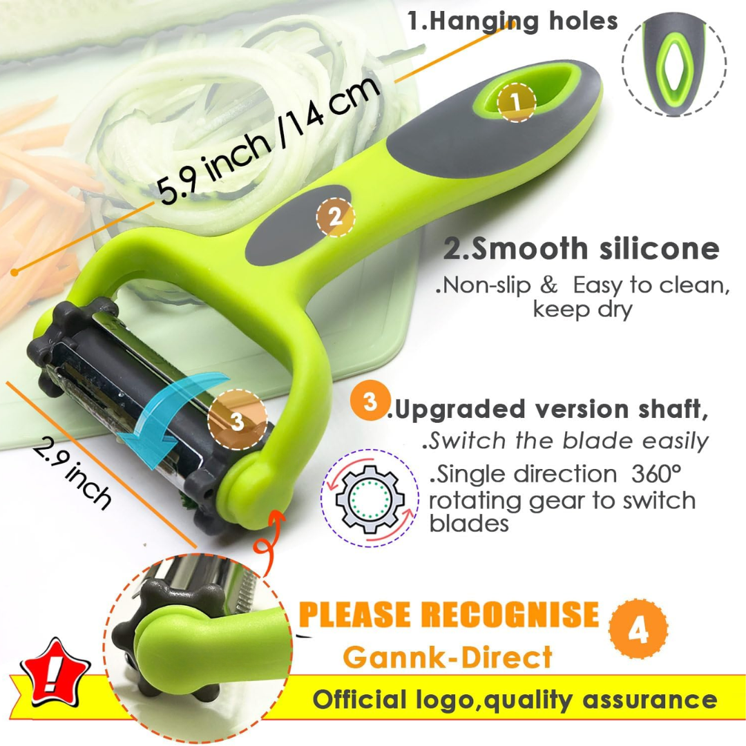Modern 3-in-1 cooking utensil: vegetable peeler, fruit peeler, and julienne slicer.