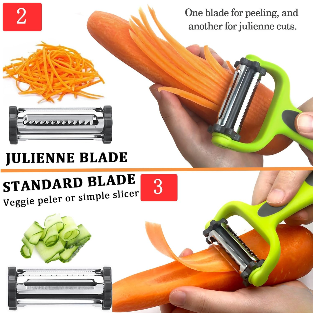 Multi-function 3-in-1 peeler with julienne blade, essential kitchen tool.