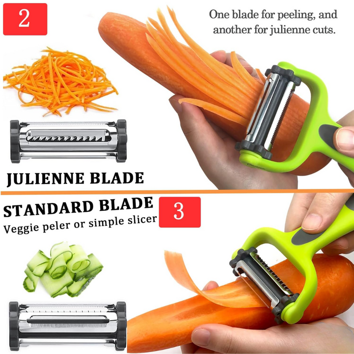 Multi-function 3-in-1 peeler with julienne blade, essential kitchen tool.