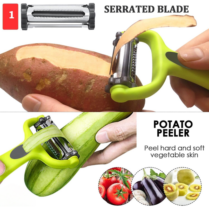 Ergonomic stainless steel 3-in-1 peeler, ideal for vegetables, fruits, and julienne cuts.