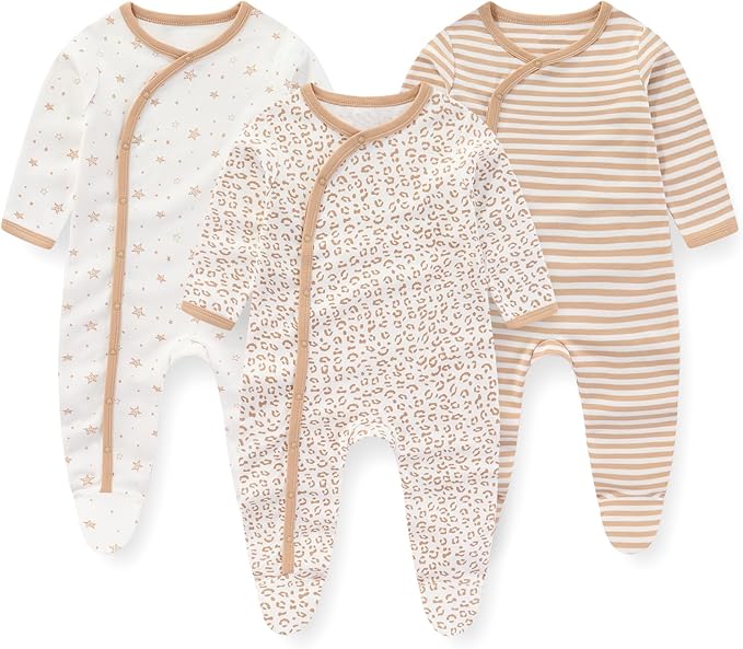 3-pack baby long sleeve cotton rompers for infants 3-12 months, unisex white, gray, and striped bodysuits