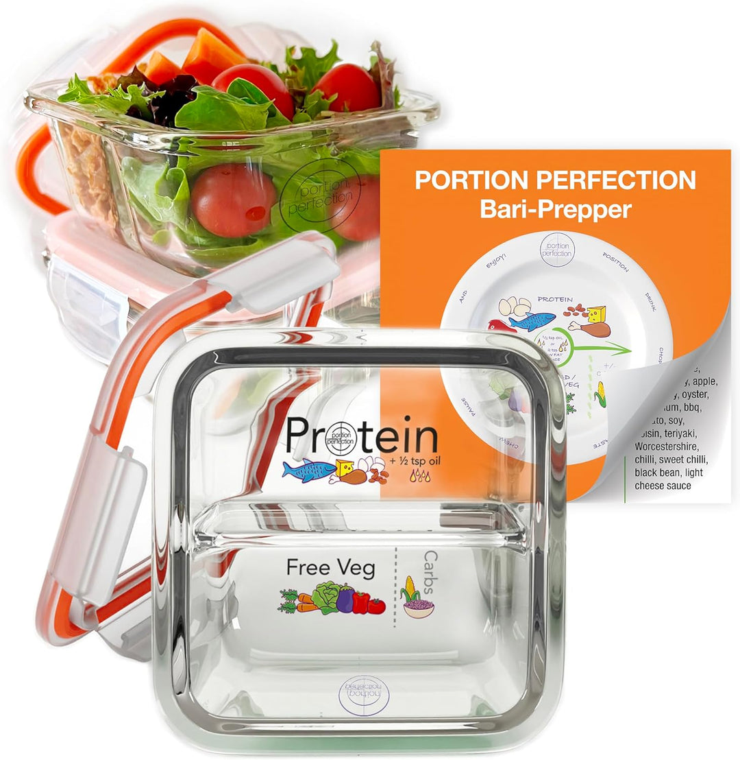 3-Pack bariatric glass portion control containers for healthy meal prep & food storage. Microwave & freezer safe.