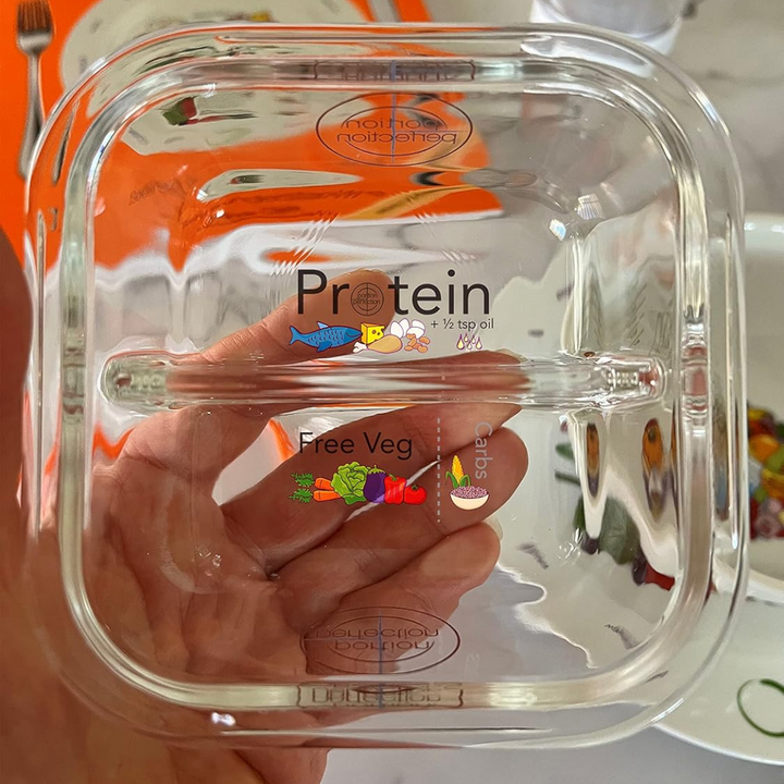 Bariatric portion control glass meal prep containers for healthy eating, food storage & kitchen organization.