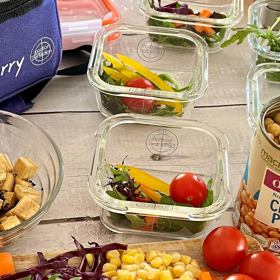 Glass food storage containers, 3-pack, perfect for bariatric portion control, meal prepping, & healthy eating.