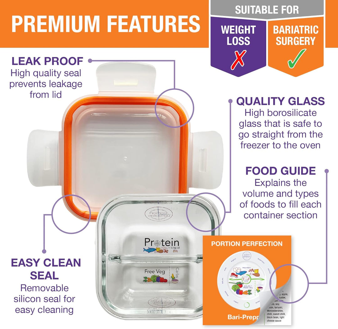 Clear glass bariatric portion control containers, 3-pack, for efficient meal prep, food storage & healthy lifestyle.