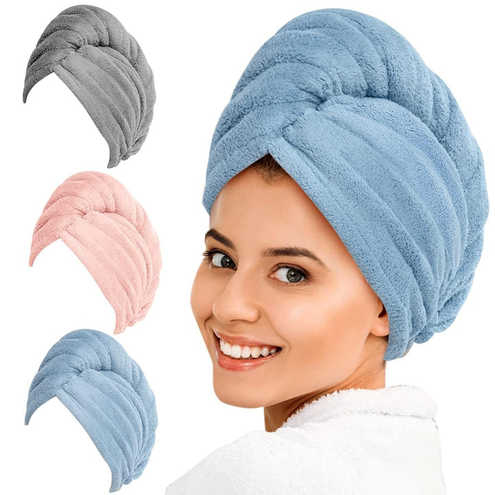 3-pack women's microfiber hair towel wraps for quick dry, frizz control & hair care.
