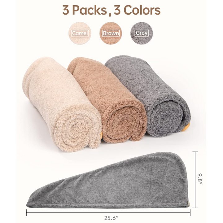 Women's accessory: A 3-pack of absorbent microfiber hair drying towels for quick, gentle frizz control.