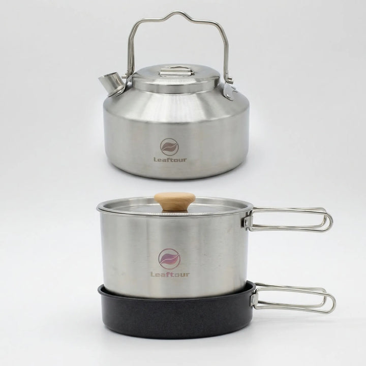 Portable backpacking kitchen: 3-piece nonstick camping cookware set including pot, pan, & lid for easy meals.