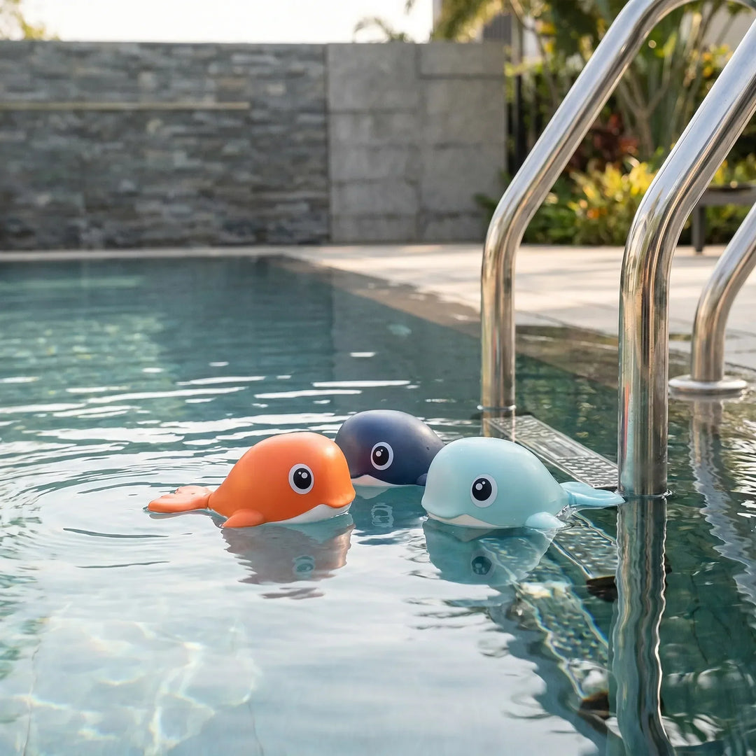 3-piece set of colorful kids' wind-up floating whale bath toys for fun bathtime play & water adventures.
