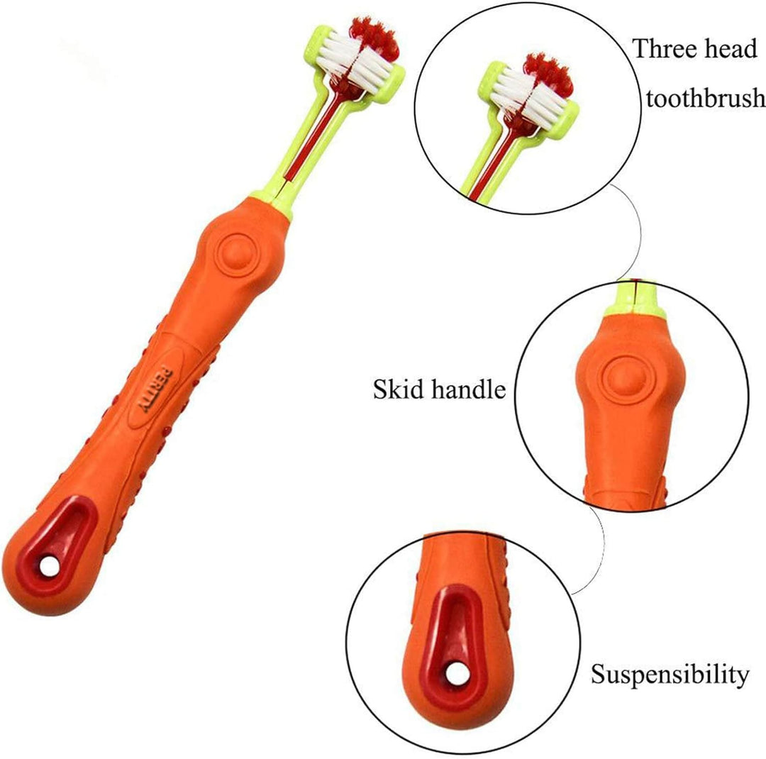 Efficient 3-sided pet toothbrush for dog and cat dental care. Targets plaque & bad breath for health.