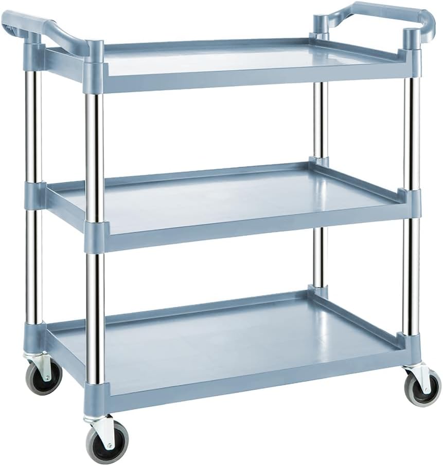 3-tier rolling utility cart with lockable wheels, metal frame, and spacious shelves for versatile storage
