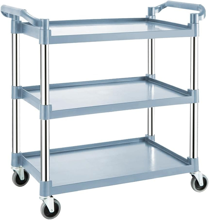 3-tier rolling utility cart with lockable wheels, metal frame, and spacious shelves for versatile storage