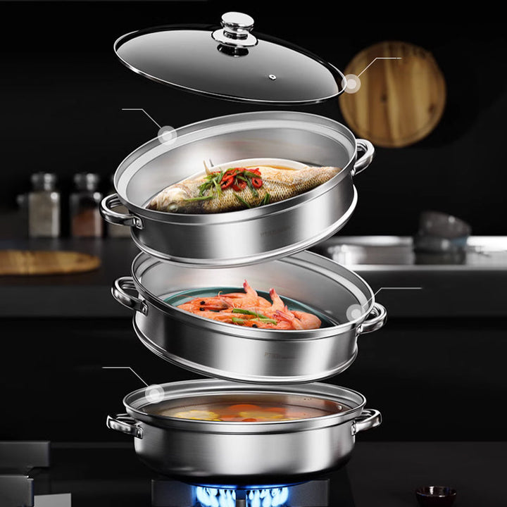3-Tier stainless steel food steamer, perfect for healthy home cooking & preparing multiple dishes simultaneously.