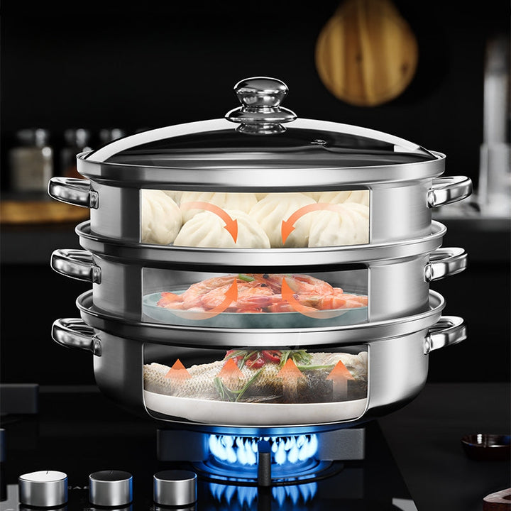 NutriSteam 3-layer stainless steel vegetable steamer, an essential healthy kitchen appliance for easy meals.