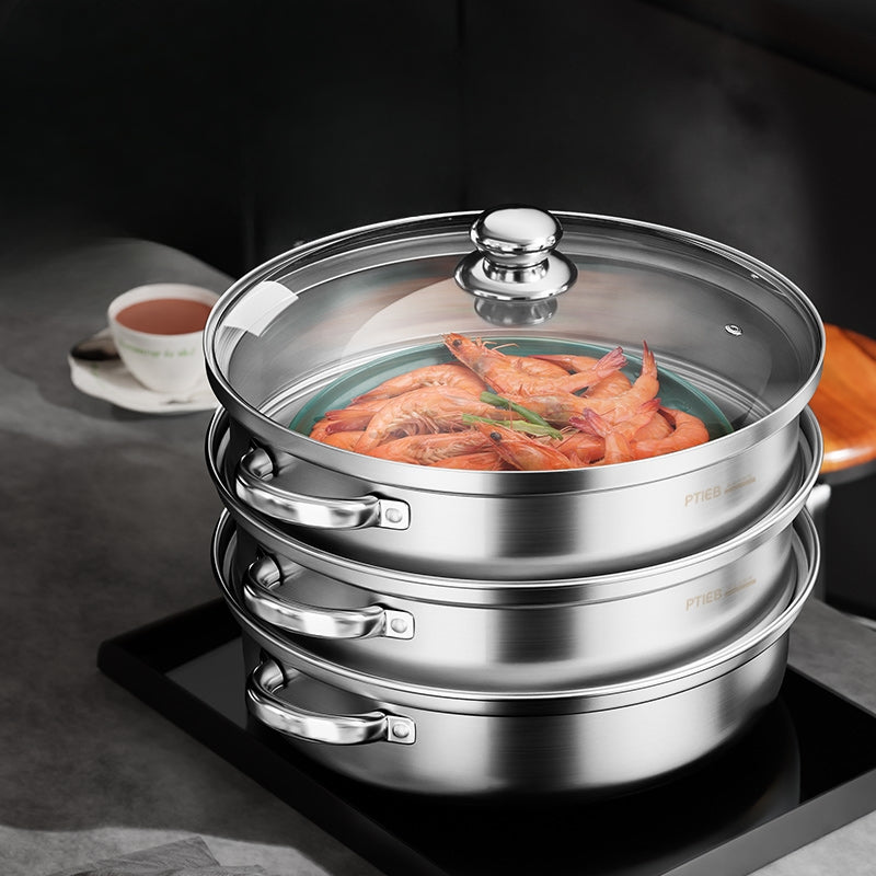Modern 3-tier stainless steel food steamer, designed for efficient and healthy steam cooking in any kitchen.